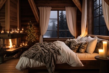 Interior of  cozy montain chalet bedroom with Cristmas decoration, large bed and big window