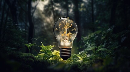  a light bulb in the middle of a forest filled with plants.  generative ai