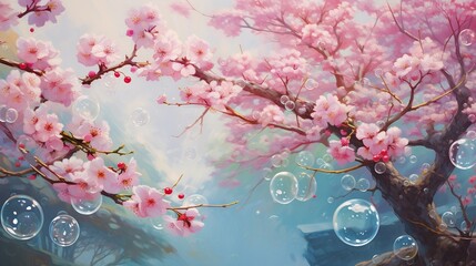  a painting of pink flowers and bubbles floating in the air.  generative ai
