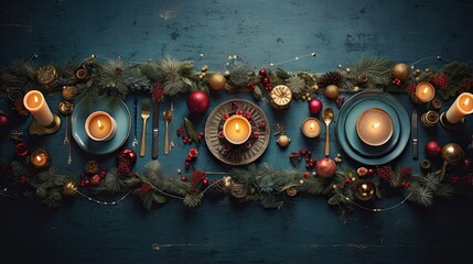  a table set for christmas dinner with candles and decorations on it.  generative ai
