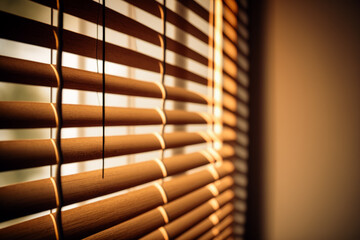 Persianas vistas de cerca. Luz del sol entrando por la ventana atravesando la persiana.