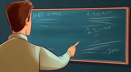 teacher in classroom, teacher in front of blackboard, blackboard with chalk, classroom with blackboard, teacher with chalk