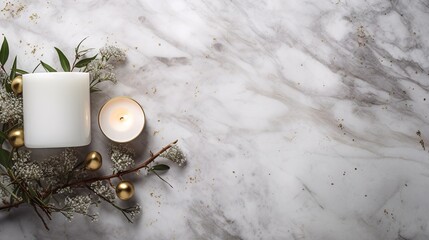  a candle and some flowers on a marble surface with gold ornaments.  generative ai - obrazy, fototapety, plakaty