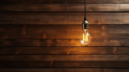 a light bulb hanging from a wooden wall with a wooden planked wall behind it.  generative ai