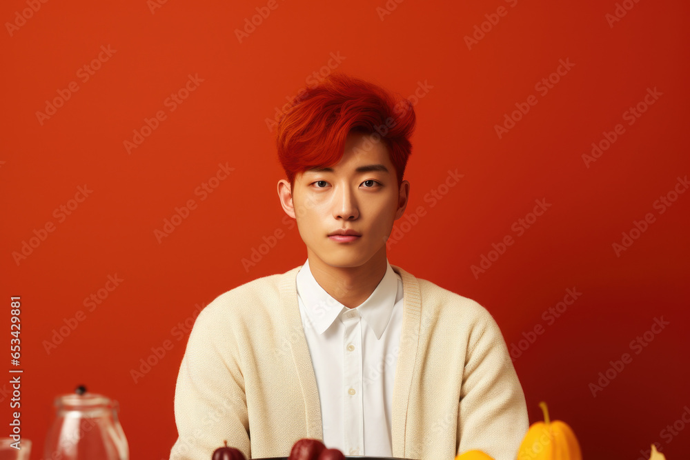 Aufkleber a man is seen sitting at a table with a tray of fresh and colorful fruits. this image can be used to
