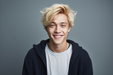 A picture of a young man with blonde hair smiling directly at the camera. This image can be used to represent happiness, positivity, and friendliness in various contexts. - obrazy, fototapety, plakaty