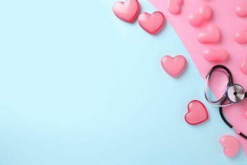 Pastel background, stethoscope, hearts, medical supplies, doctor's desk, minimalist fashion. Valentine's Day idea. Generative AI