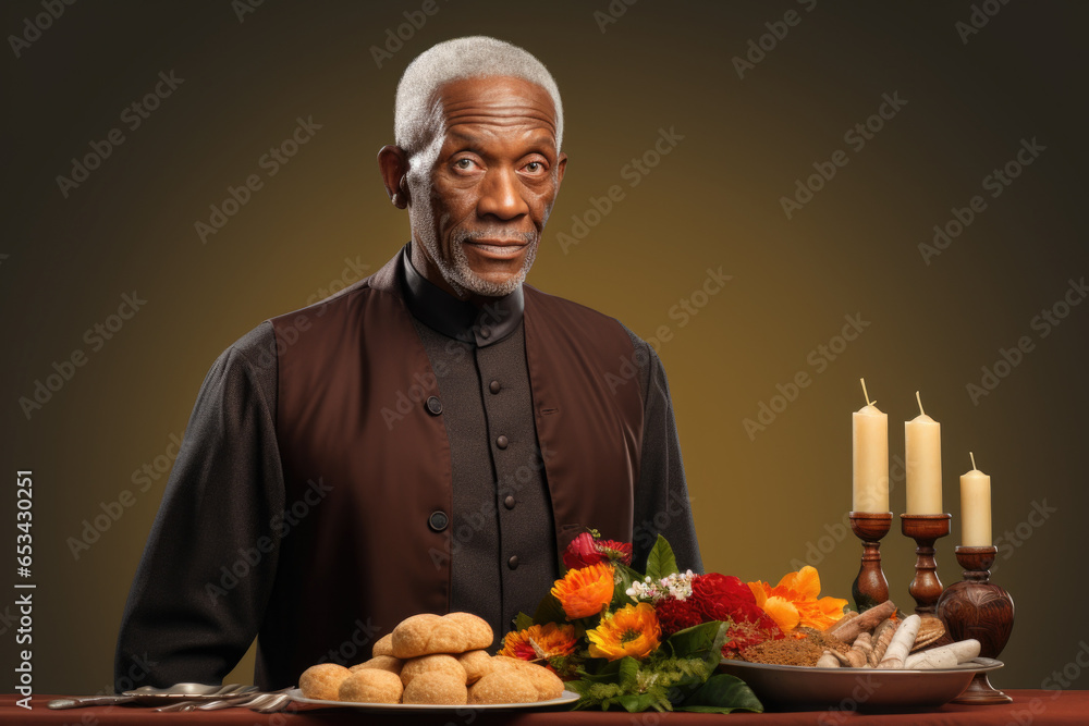 Poster a man is standing in front of a table, holding a plate of food. this image can be used to depict a p