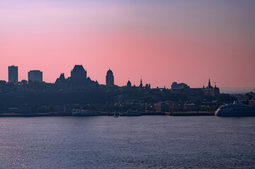 Skyline of Quebec City on a foggy day, Canada. Photo taken from across the Saint Lawrence River in...