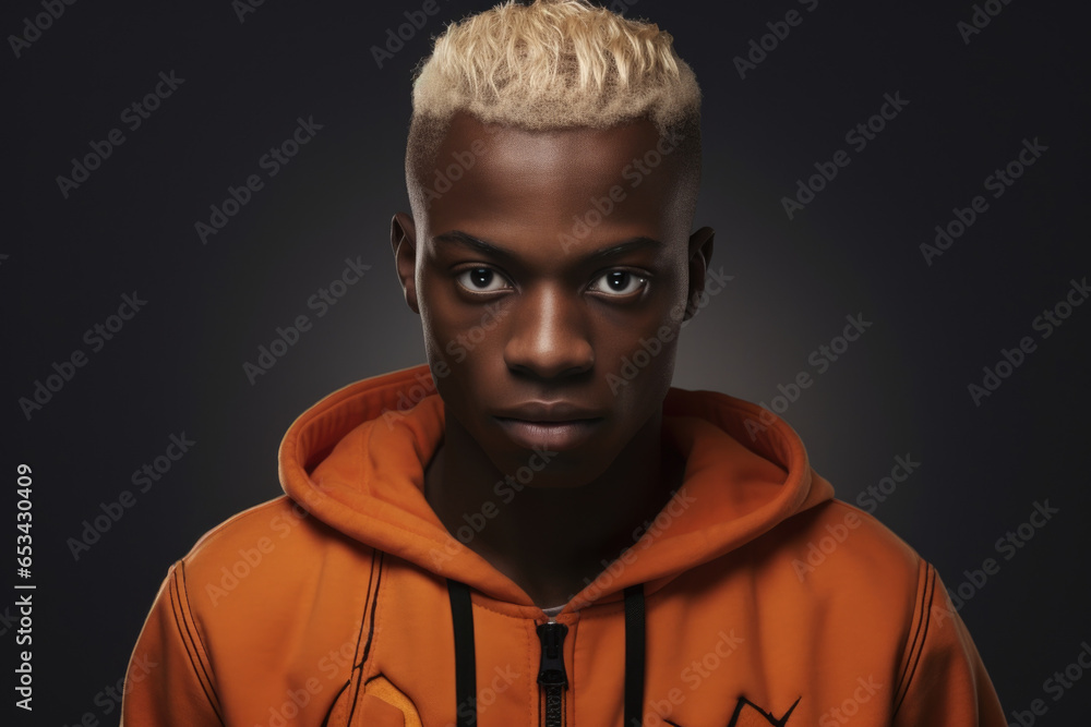 Poster a man wearing an orange hoodie poses for a picture. this versatile image can be used in various cont