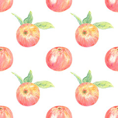 Watercolor seamless pattern with red apples and leaves. Food illustration hand painted in botanical stile on white background for use in textile, wallpaper, wrapping paper, template. Art for design.