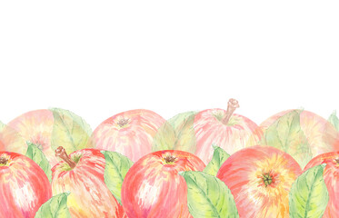 Watercolor seamless border with red apples and leaves. Food illustration hand painted in botanical stile on white background for use in postcard, wallpaper, wrapping paper, template. Art for design.