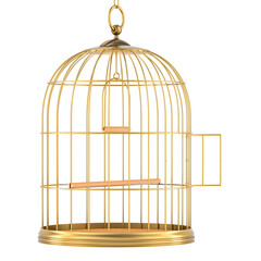 Golden bird cage with open door, 3D rendering isolated on transparent background