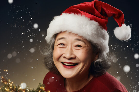 An older woman wearing a Santa hat smiles at the camera. This picture is perfect for holiday-themed projects or advertisements.