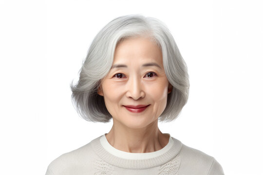 A woman with grey hair is wearing a white sweater. This image can be used to depict a mature woman or to illustrate concepts such as aging gracefully or fashion for older women.