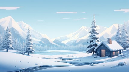 a snowy landscape with a cabin in the foreground and mountains in the background.  generative ai - obrazy, fototapety, plakaty