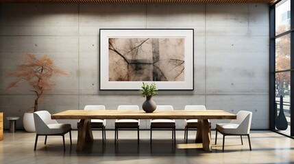  a dining room with a table and chairs and a picture hanging on the wall.  generative ai