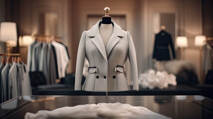 A sophisticated display of a white-gray-black coat and sweater on hangers in a high-end fashion store. These classic pieces showcase timeless elegance in women's fashion.