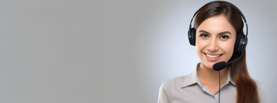 Call center, young woman and smile in contact us with CRM, headset with mic and mockup space. Customer service, happy female and telemarketing with sales and help desk. gray background, copy space