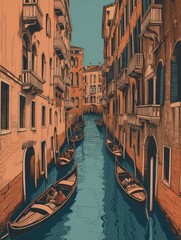 Venice canals, risograph vintage illustration
