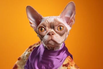 devon rex cat wearing a pizza slice costume against a vibrant purple background