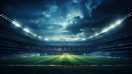 A football stadium lights up the night sky as the green pitch gleams under the floodlights, setting the stage for an exciting match. - obrazy, fototapety, plakaty