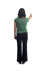 back view of a woman showing the stop sign with their hands on white background