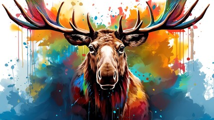 a moose with colorful paint splatters