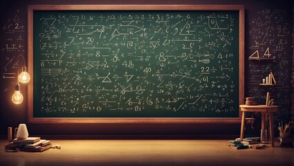 Chalkboard with written signs and numbers. Fictional retro mathematics and physics background. Study and learning idea. Science and education concept. With copy space.