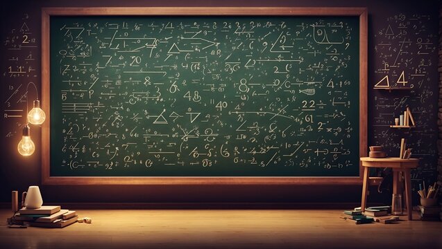 Chalkboard with written signs and numbers. Fictional retro mathematics and physics background. Study and learning idea. Science and education concept. With copy space.
