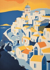 greek village of Santorini, vintage risograph style illustration