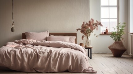  a bed with a pink comforter in a room with a window.  generative ai
