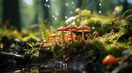 Obraz premium a group of mushrooms sitting on top of a moss covered ground. generative ai