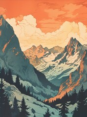 landscape with mountains and snow, risograph vintage illustration