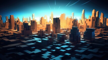 pixel voxel city landscape illustration background design, 3d render, modern futuristic pixel voxel...