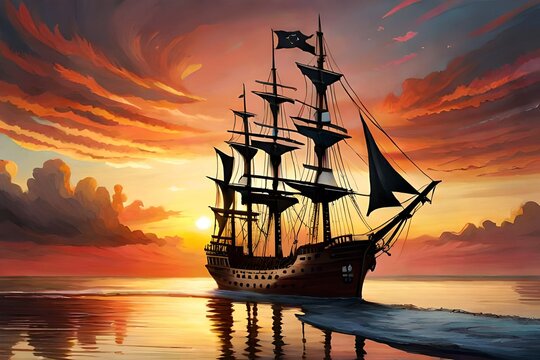 ship with beautiful sunset background oil painting