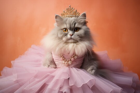selkirk rex cat wearing a princess dress against a peachy pink background