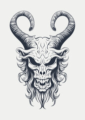 Black and white vector illustration of a devil or demon with horns on his head