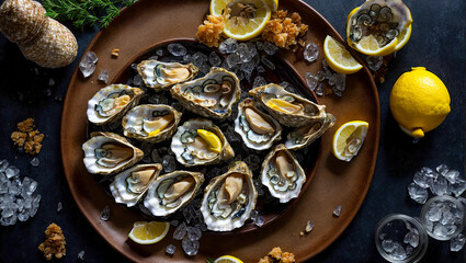 Fresh oysters, lemon, ice on old background