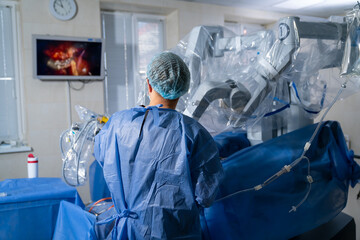 Futuristic healthcare technologies. Modern robotic surgery operation room.