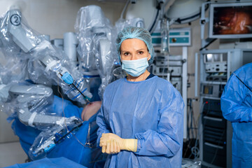 Robot surgeon ward. Operating surgery room with futuristic new technologies.