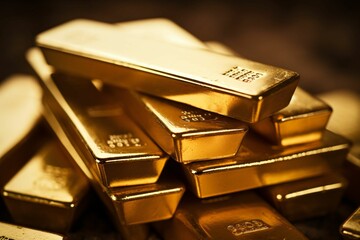 Pile of gold bars on a dark background. Business and Financial concepts.