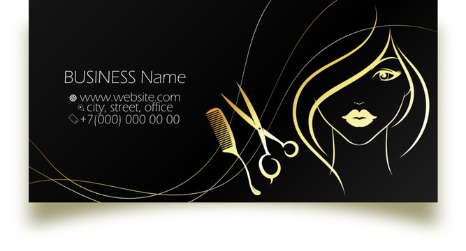 Golden silhouette of a girl scissors and comb. Business card concept for beauty salon and hair salon