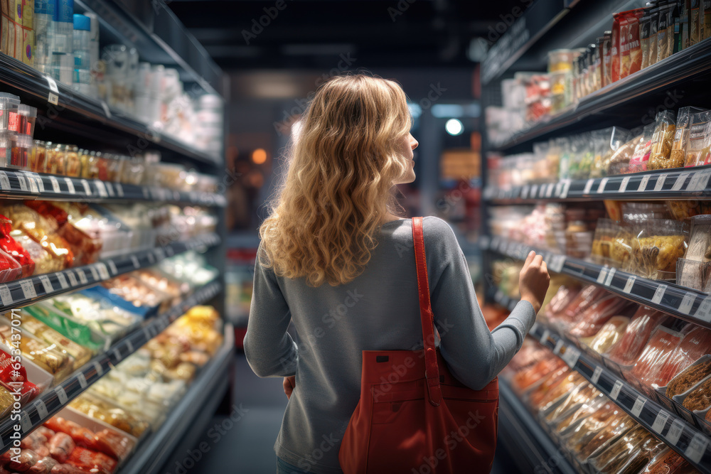 Poster a shopper navigating a bustling supermarket aisle, emphasizing the impact of store layout and produc