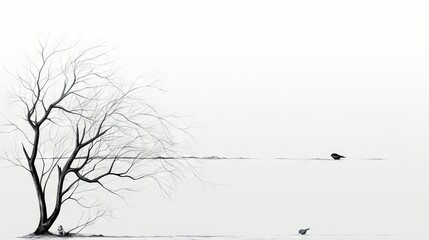  a lone tree in the middle of a frozen lake with a bird perched on the branch.  generative ai