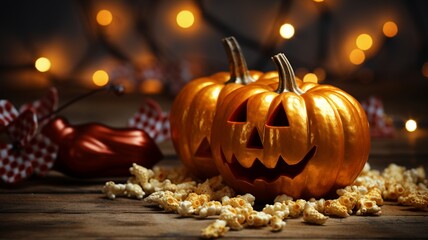 Golden pumpkins near candles. Generated with AI.