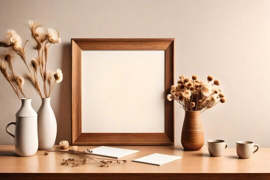 Empty wooden picture frame mockup hanging on beige wall background. Boho-shaped vase, dry flowers on the table. Cup of coffee. Working space, home office.