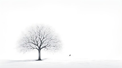  a lone tree in a snowy field with a bird in the distance.  generative ai