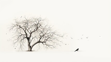 Fototapeta na wymiar a black bird sitting on the ground next to a tree. generative ai