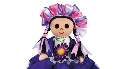 Colorida muñeca tradicional mexicana, hecha a mano por un miembro de un grupo étnico llamado...